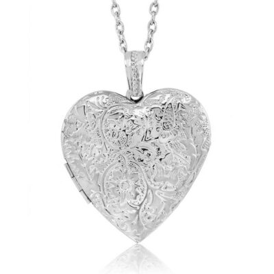 Fashion Jewelry - Locket Pendant Necklace Charm 1.5" Engraved Flowers Heart Shape