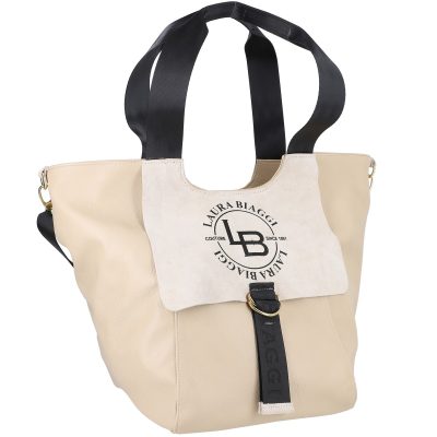 Genti Shopper - Geanta Shopper dama din velur bej inchis texturata cu manere si bretea Laura Biaggi LBSH49LSM2108101