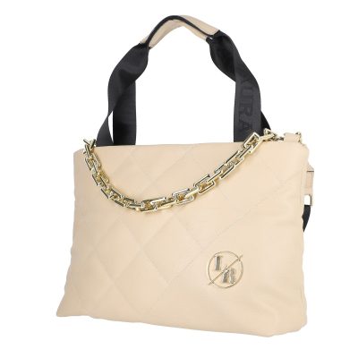 Genti Dama - Geanta Shopper Bej Dama Piele Eco Matlasata cu Accesoriu Metalic si Buzunare - Laura Biaggi LBSH245E2108214