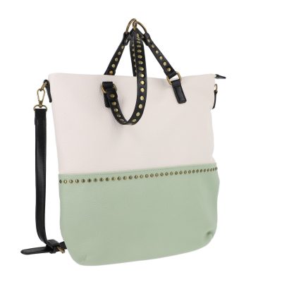 Genti Shopper - Geanta Shopper femei piele eco bej verde bretea cu tinte detasabila si ajustibila BSSH210274