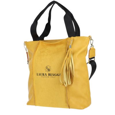 Genti Shopper - Geanta Shopper dama din piele ecologica galbena cu franjuri galbeni si un compartiment Laura Biaggi BSLBSH2103008