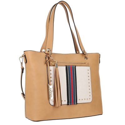 Genti Shopper - Geanta casual femei din piele eco maro model velur cu bej si buzunar exterior Nobo BSNO2102135