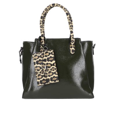 Geanta Casual Dama - Geanta office casual dama piele eco texturata neagra cu animal print cu portofel atasat BS20201197