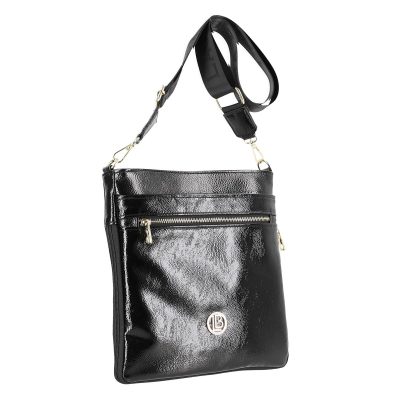 Geanta Casual Dama - Geanta Crossbody casual femei piele ecologica neagra lucioasa cu bretea neagra Laura Biaggi BSLBCR2103016