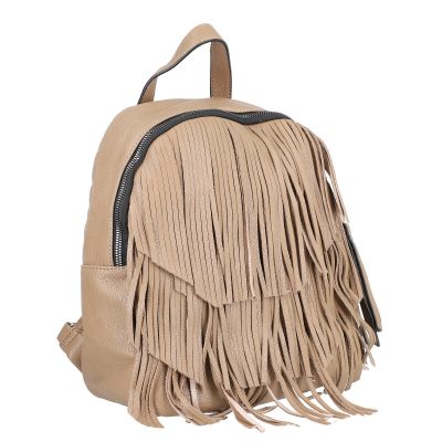 Rucsac Dama - Rucsac femei piele eco casual taupe cu franjuri si trei compartimente TurboBags BSTBRU2108126