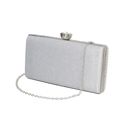 Clutch Argintiu - Geanta evenimente de dama din material textil argintiu cu maner tip lant Ellie BS9063V2208107