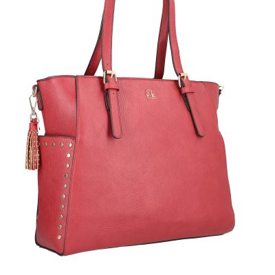 Genti Dama - Geanta Shopper dama din piele neteda eco rosie cu elemente metalice si buzunar lung exterior Lulu Castagnette BSLLSH2109076