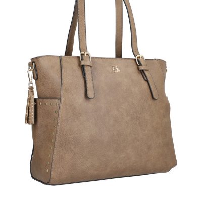 Geanta Taupe - Geanta Shopper de dama piele eco taupe cu elemente metalice buzunar exterior lung Lulu Castagnette BSLLSH2109075