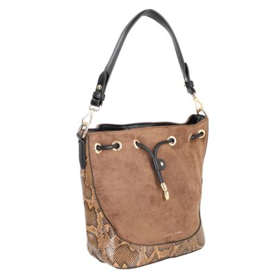 Geanta Casual Dama - Geantă casual damă piele ecologică maro cu închidere tip sac cu șnur și bretea de umăr David Jones BS6537TS2209155