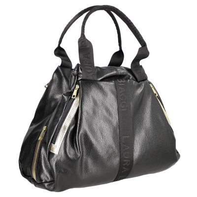 Geanta Neagra - Geantă damă Shopper taupe de talie mare fermoar cu auriu din piele ecologică Laura Biaggi BS975G2208216