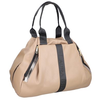 Geanta Taupe - Geantă damă Shopper taupe de talie mare fermoar cu auriu din piele ecologică Laura Biaggi BS975G2208216