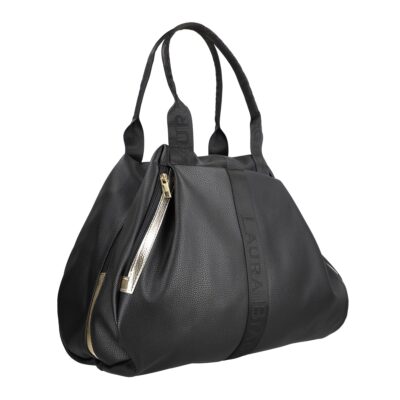 Geanta Neagra - Geantă damă Shopper negru mat de talie mare fermoar cu auriu din piele ecologică Laura Biaggi BS975G2208218