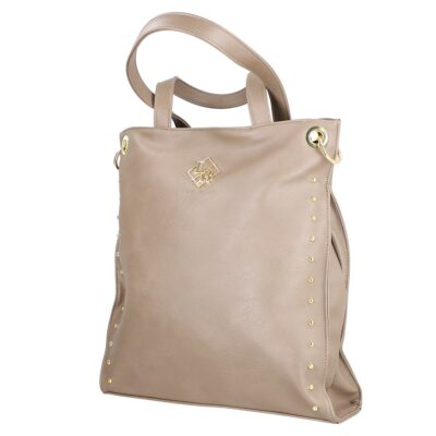 Geanta Taupe - Geanta shopper de dama din piele eco taupe cu capse laterale accesoriu metalic si bretele Laura Biaggi BS270R2210300