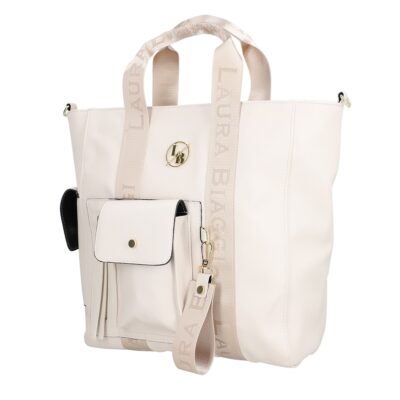 Genti Shopper - Geanta dama shopper piele eco bej cu buzunar frontal si bretea de umar Laura Biaggi BS632V2301036