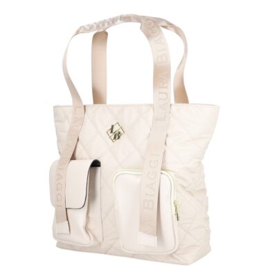 Genti Shopper - Geanta dama shopper piele eco bej cu doua buzunare frontale si bretea de umar Laura Biaggi BS745v2301040