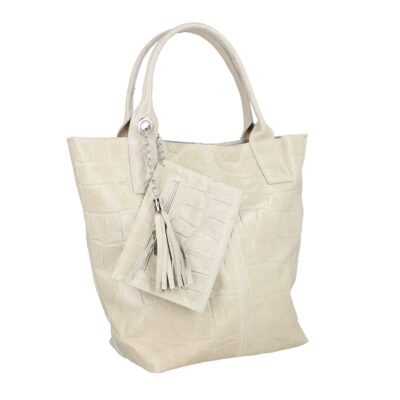 Geanta Bej - Geanta de Piele Dama Texturata Shopper Bej, Breloc cu Buzunar - Laura Biaggi BS0201SH2303030