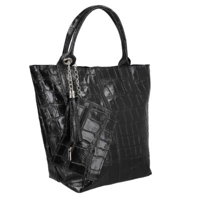 Geanta de Mana - Geanta Piele Naturala Dama Texturata Shopper Neagra, Breloc cu Buzunar - Laura Biaggi BS0201SH2303031