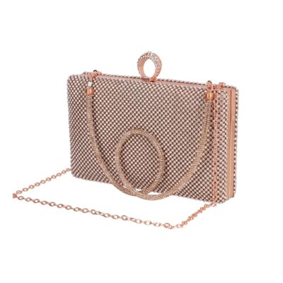 Clutch cu Pietre - Geanta de dama din material sintetic champagne model zale cu cristale inchidere accesoriu metalic BS8080Z2304023