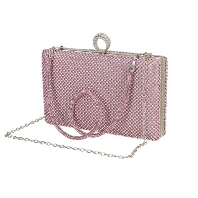 Clutch cu Pietre - Geanta de dama din material sintetic roz model zale cu cristale inchidere accesoriu metalic BS8080Z2304015